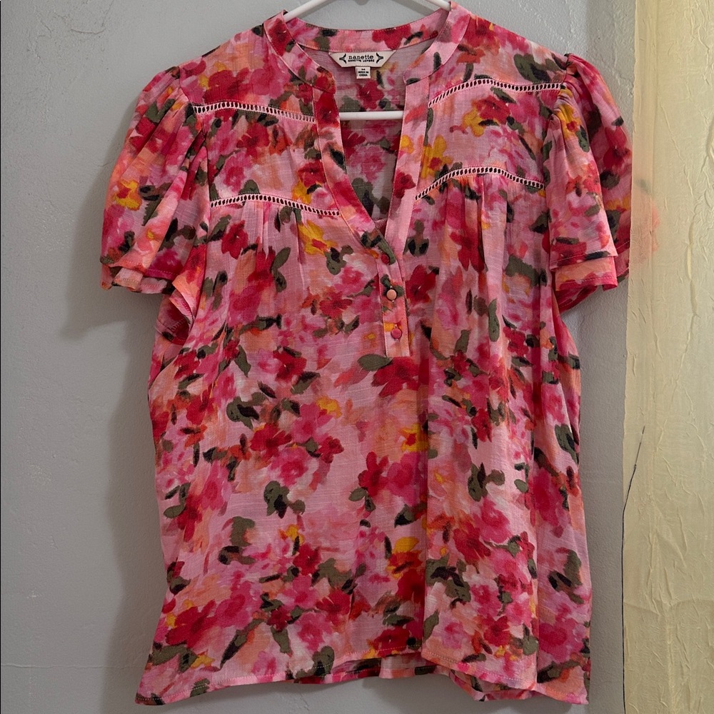Anthropologie Pink and Green Floral Blouse